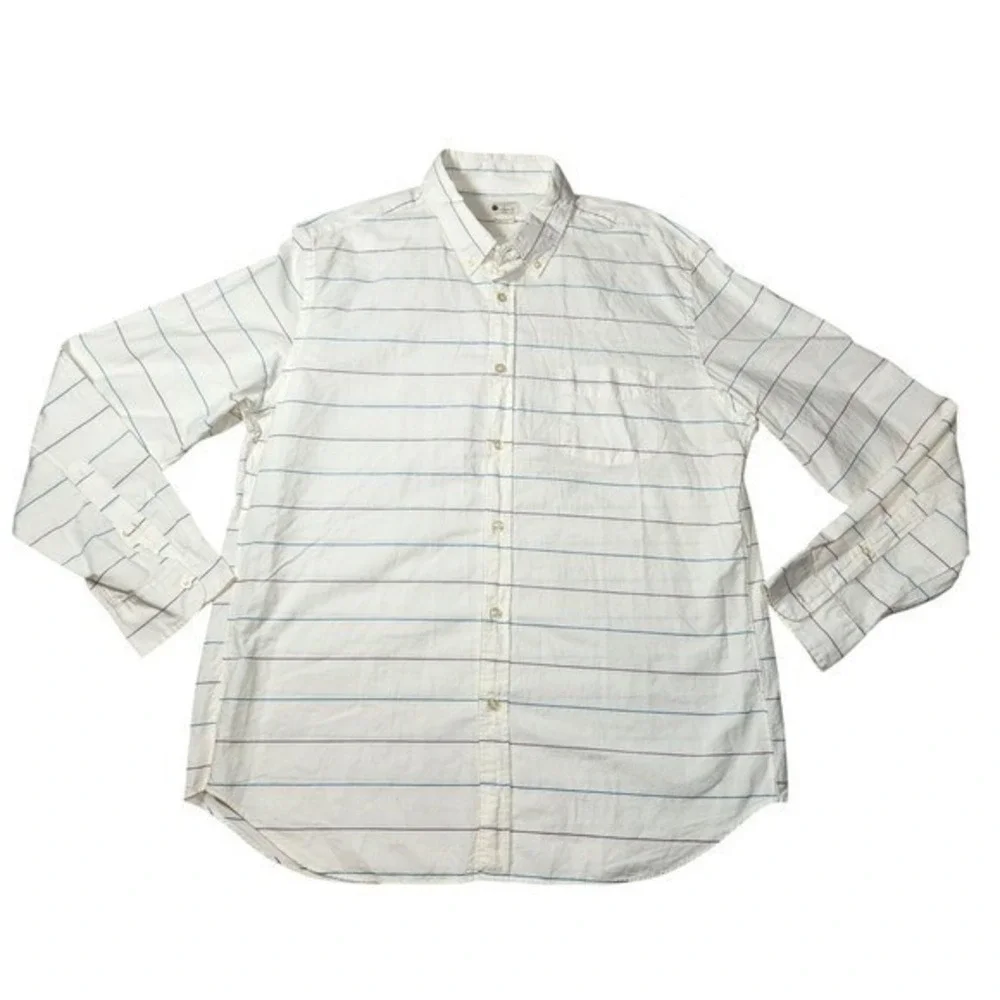 J.Crew Men's XL Sunwashed Oxford Shirt White Blue Striped Tailored Button Down‎